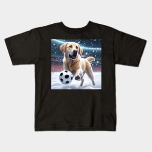 A Labrador Dog Playing Soccer/Football In The Snow Kids T-Shirt